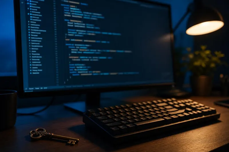 Source code on a monitor with a key on the desk — owning your travel booking software